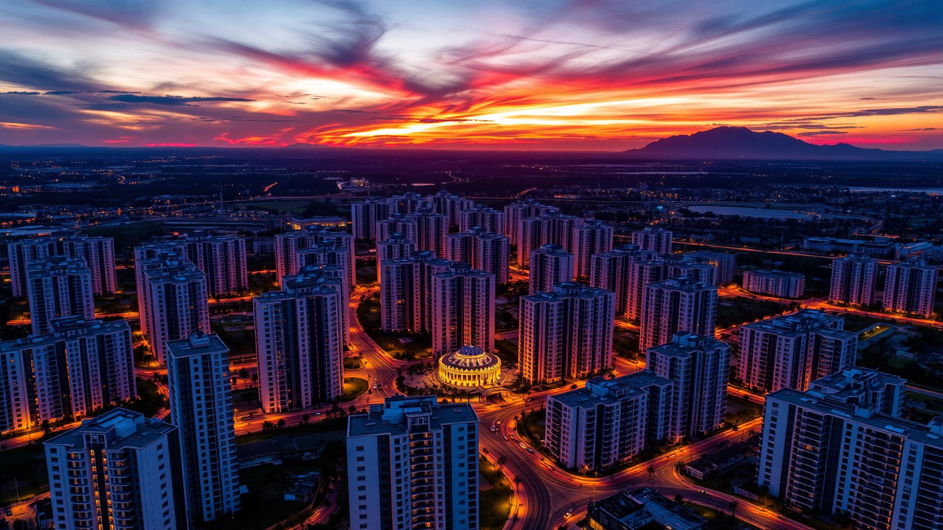 Vista aérea de empreendimento ao entardecer
