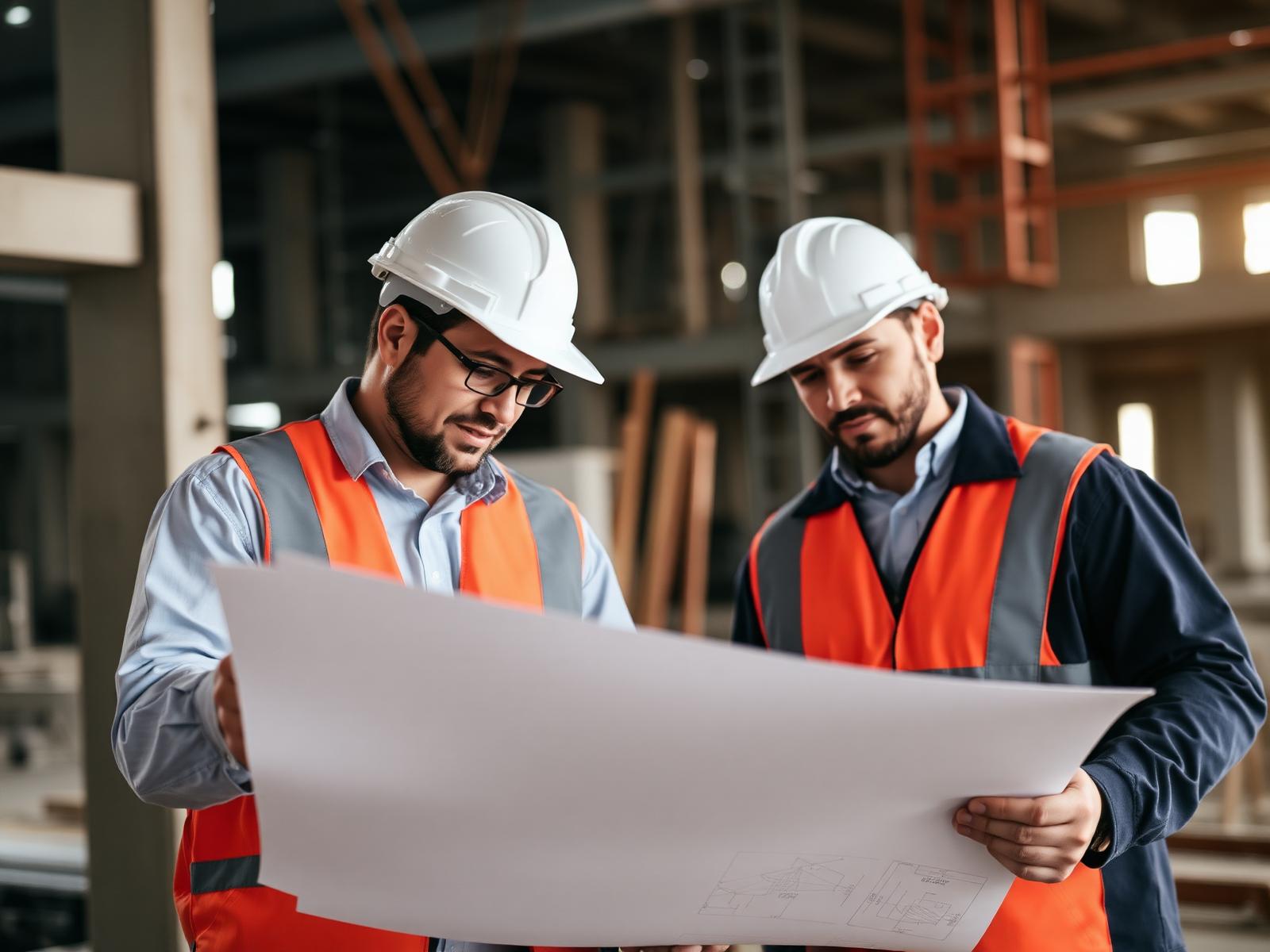 Engenheiros analisando projetos em obra